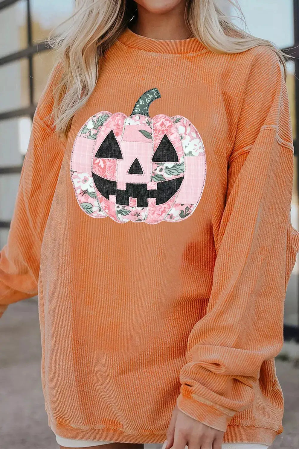 Patchwork Pumpkin Graphic Corded Ribbed Round Neck Tunic Sweatshirt by Trendsi