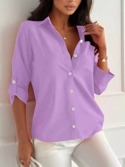 Button-Down Roll-Up Sleeve Shirt by Trendsi