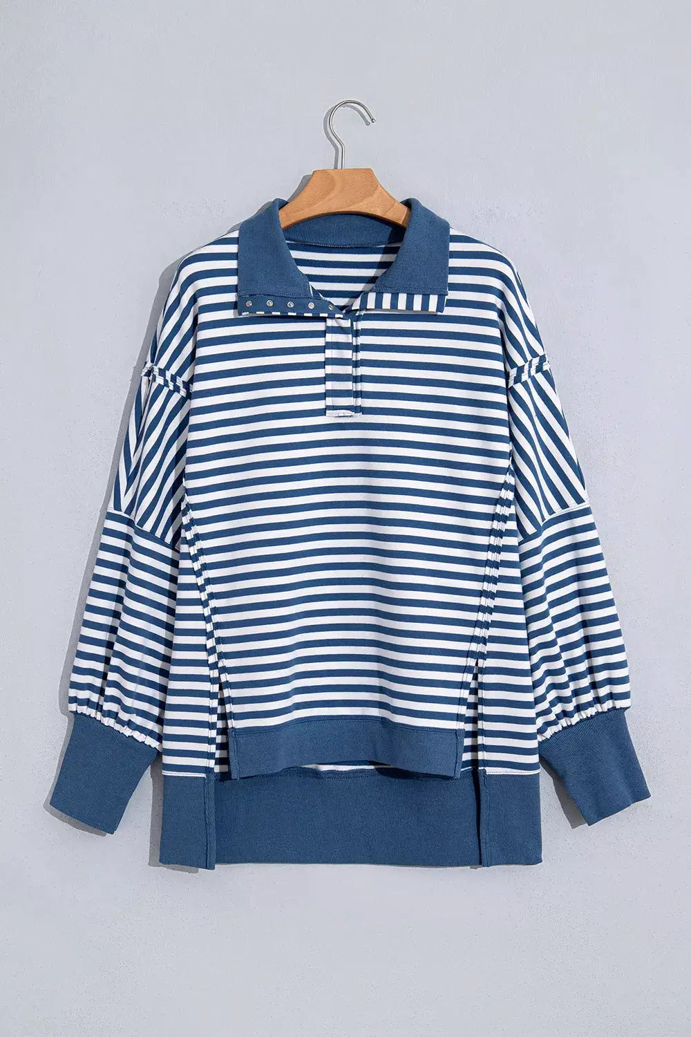 Stripe Color Block Trim Raw Seam Split Hem Loose Sweatshirt by Trendsi