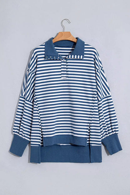 Stripe Color Block Trim Raw Seam Split Hem Loose Sweatshirt by Trendsi