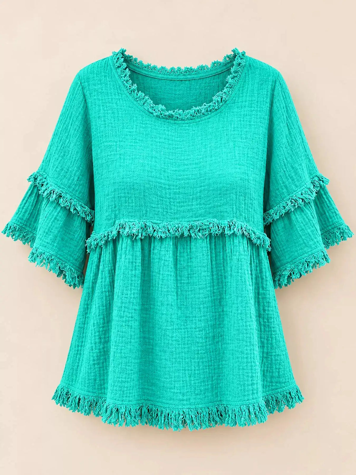 Full Size Frayed Edge Textured Blouse Plus Size by Trendsi