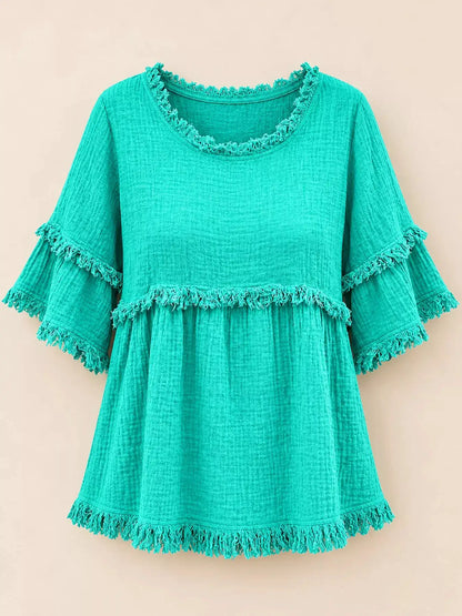 Full Size Frayed Edge Textured Blouse Plus Size by Trendsi