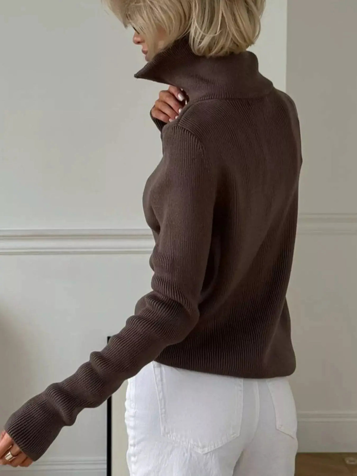 Ribbed Knit Quarter-Zip Sweater by Trendsi