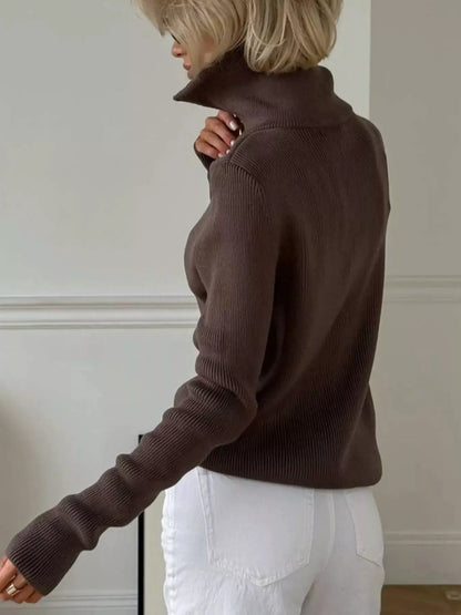 Ribbed Knit Quarter-Zip Sweater by Trendsi