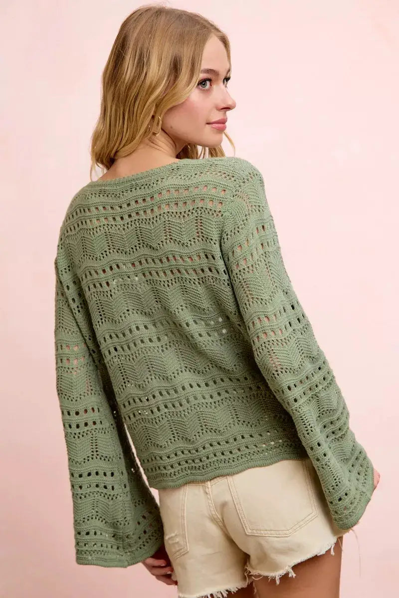 BiBi Pointelle Knit V Neck Ruched Front Lightweight Top by Trendsi