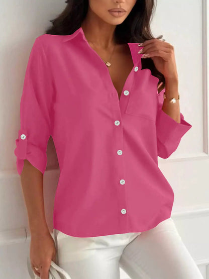 Button-Down Roll-Up Sleeve Shirt by Trendsi