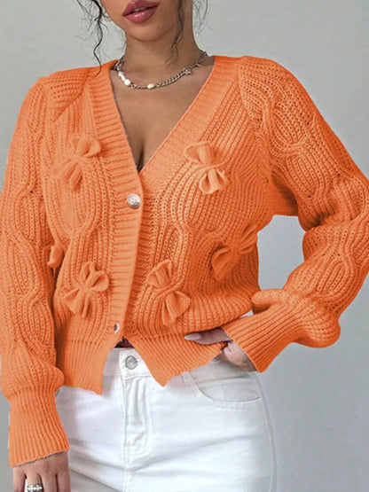 Bow Cable Knit V-Neck Cardigan by Trendsi