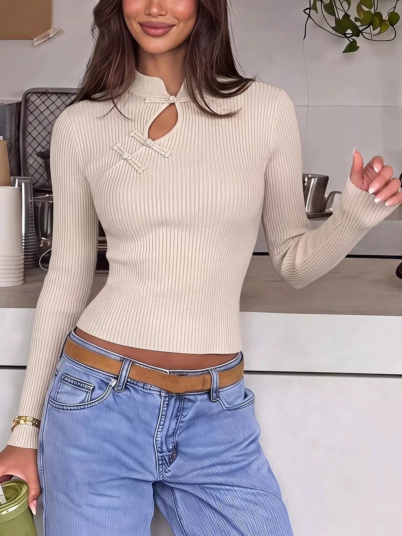 Chinese-Style Knot Detail Ribbed Knit Top by Trendsi