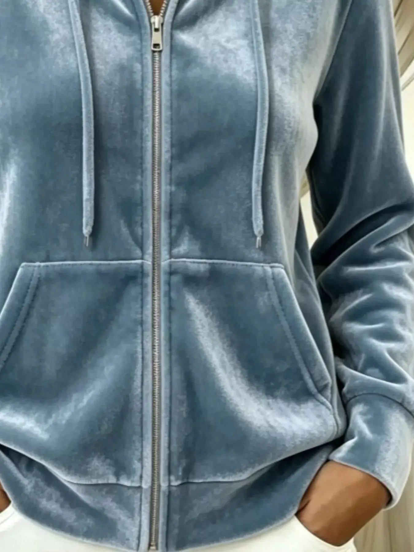 Full Size Velvet Zip-Up Hoodie with Drawstring Plus Size by Trendsi