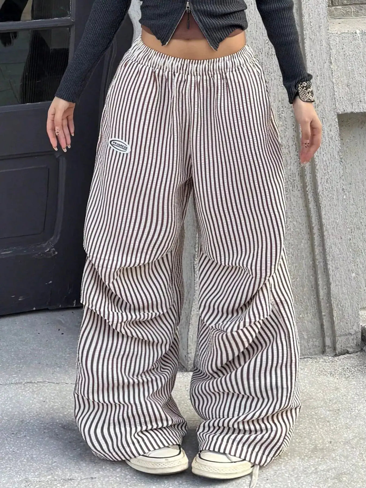 High-Waisted Striped Wide-Leg Cargo Pants with Drawstring by Trendsi