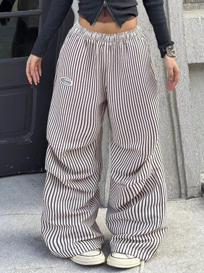 High-Waisted Striped Wide-Leg Cargo Pants with Drawstring by Trendsi