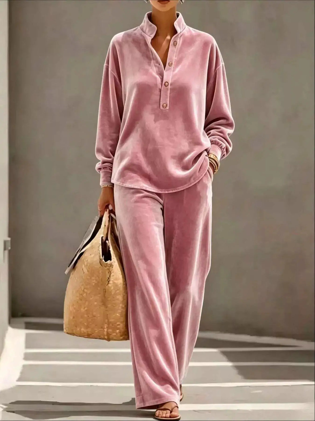 Full Size Half Button Top and Wide Leg Pants Set Plus Size by Trendsi
