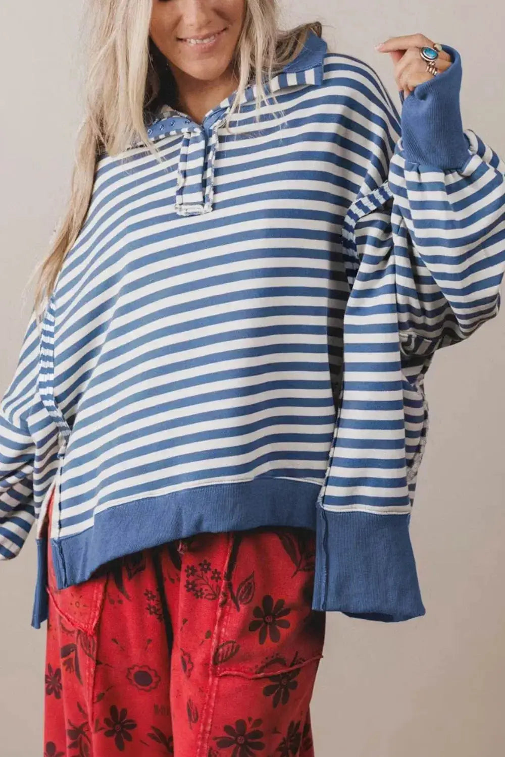 Stripe Color Block Trim Raw Seam Split Hem Loose Sweatshirt by Trendsi