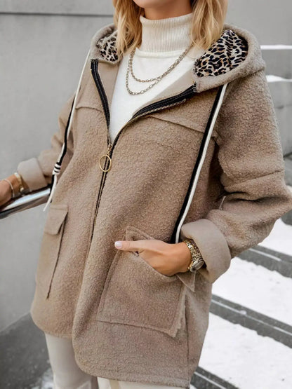 Fleece Zip Up Hooded Outerwear by Trendsi