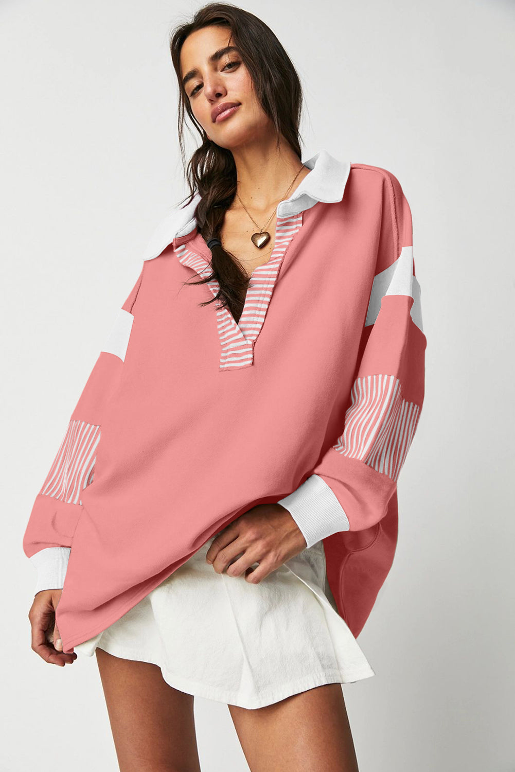 Dark Blue Striped Colorblock Patchwork Collar Sweatshirt