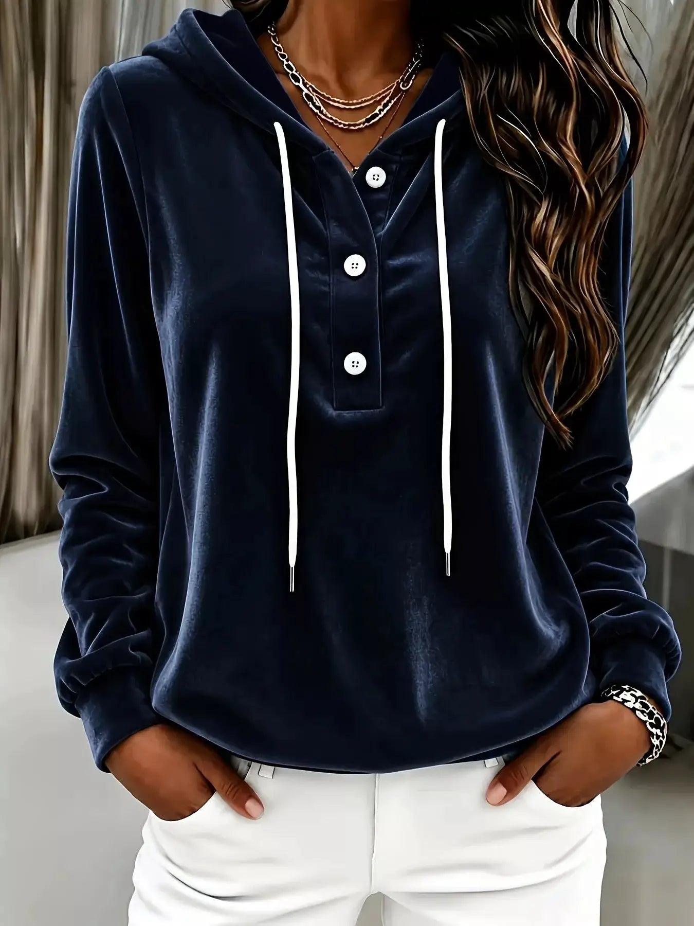 Full Size Drawstring Button Detail Hoodie Plus Size by Trendsi