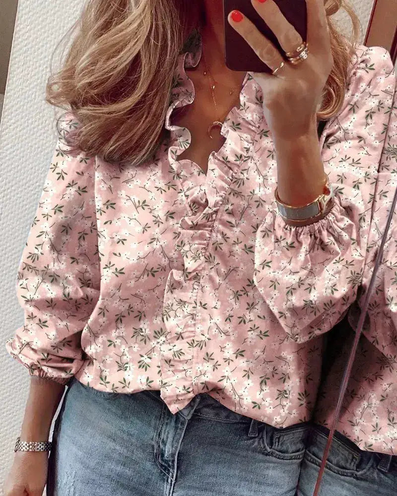 Full Size Printed V-Neck Blouse with Ruffled Plus Size by Trendsi