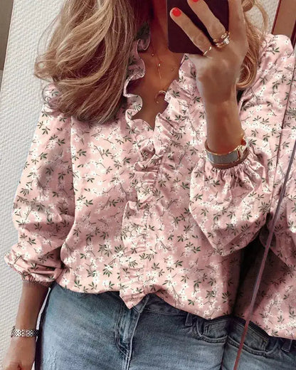 Full Size Printed V-Neck Blouse with Ruffled Plus Size by Trendsi
