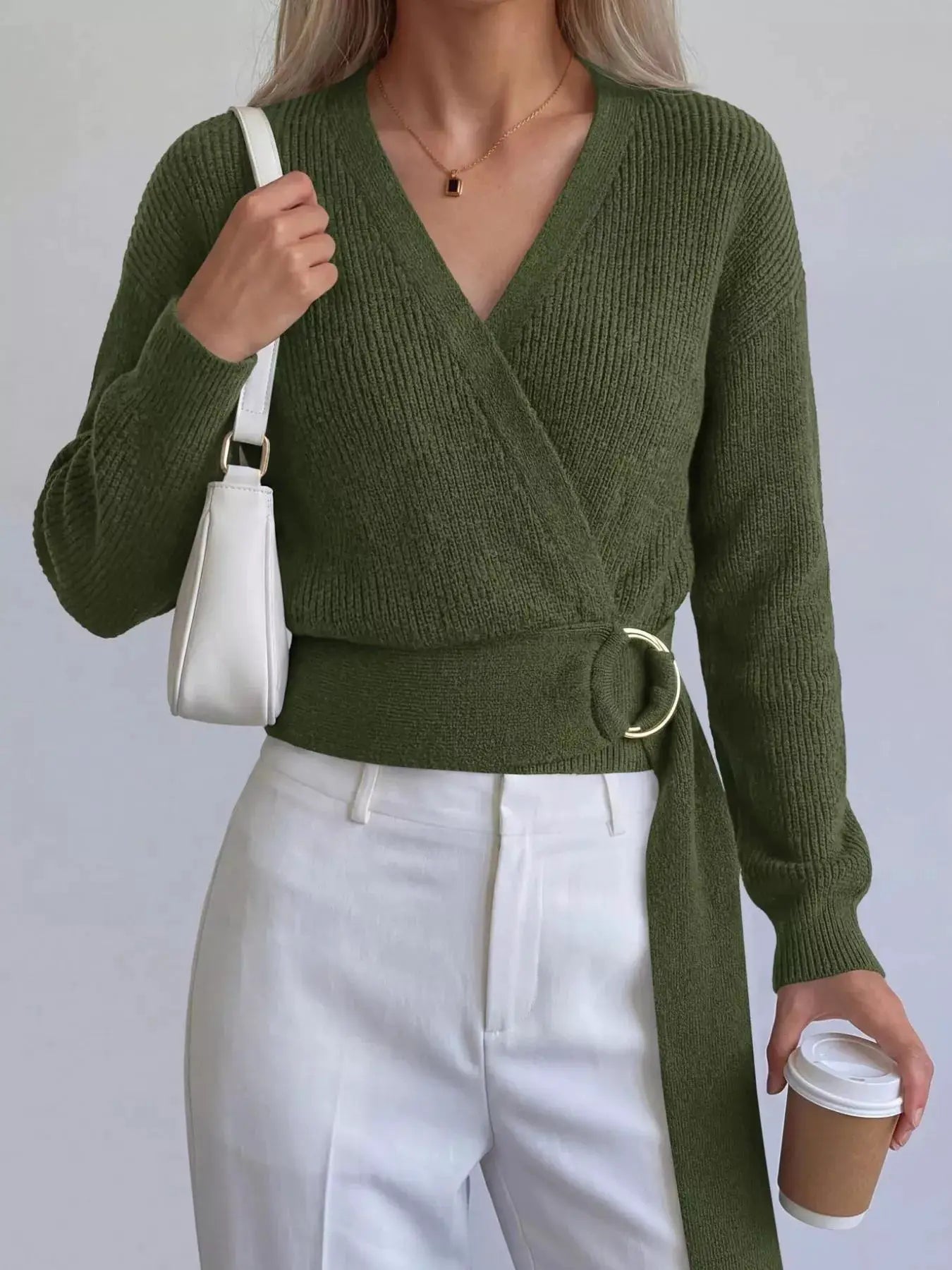 Metal Ring Detail Dropped Shoulder Sweater by Trendsi