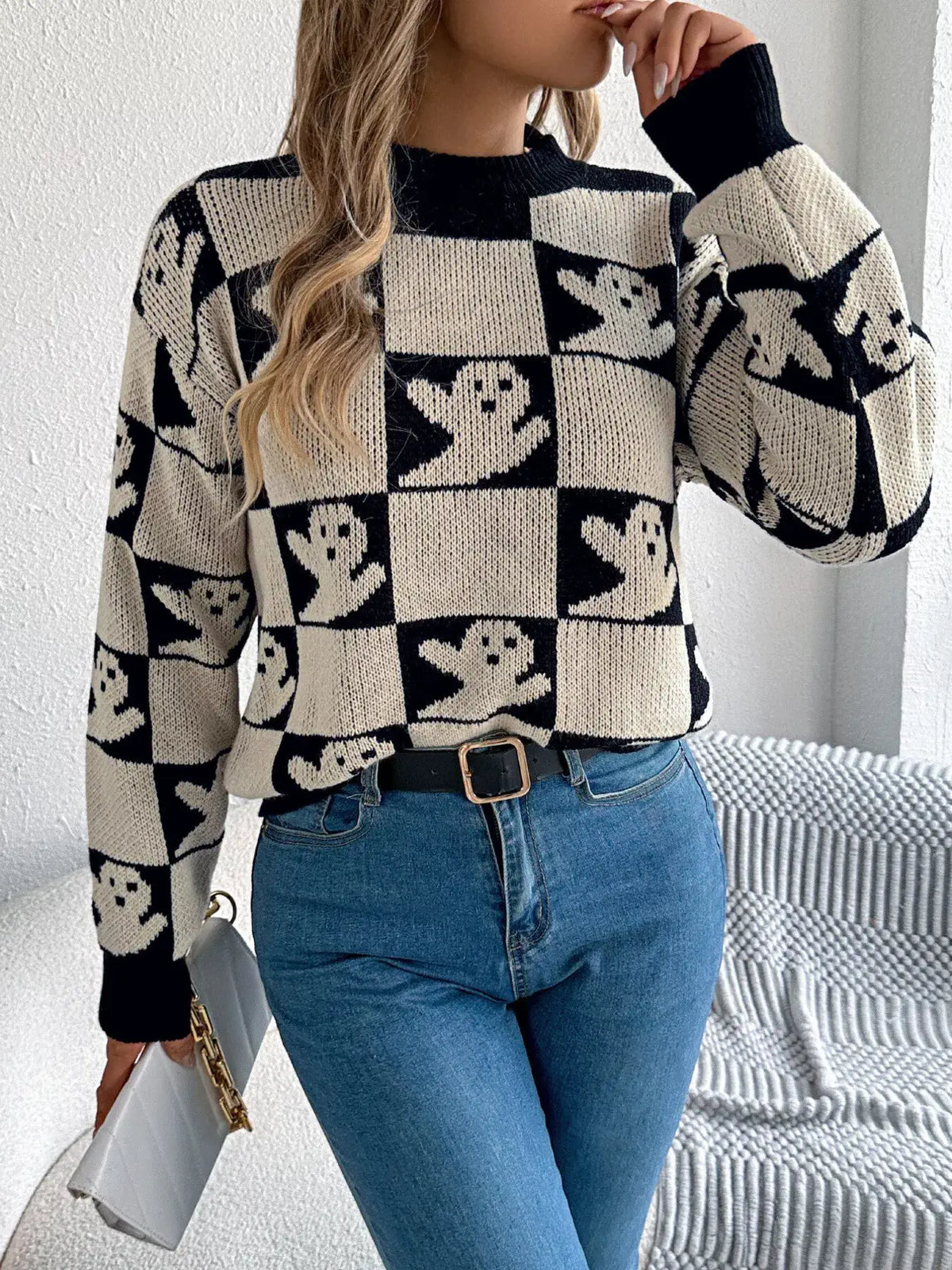 Checkerboard Halloween Graphic Sweater by Trendsi