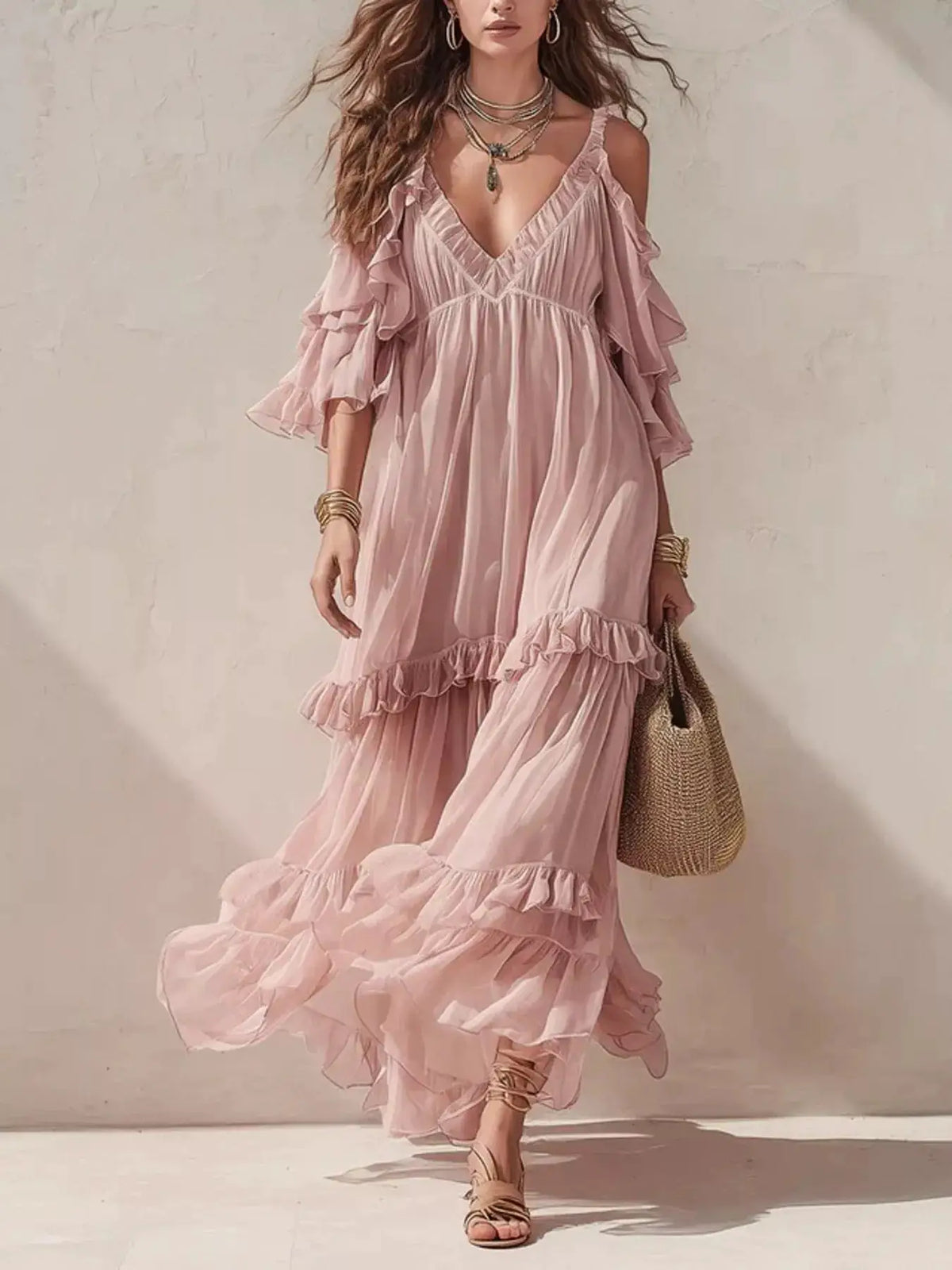 Cold-Shoulder Ruffled Maxi Dress by Trendsi