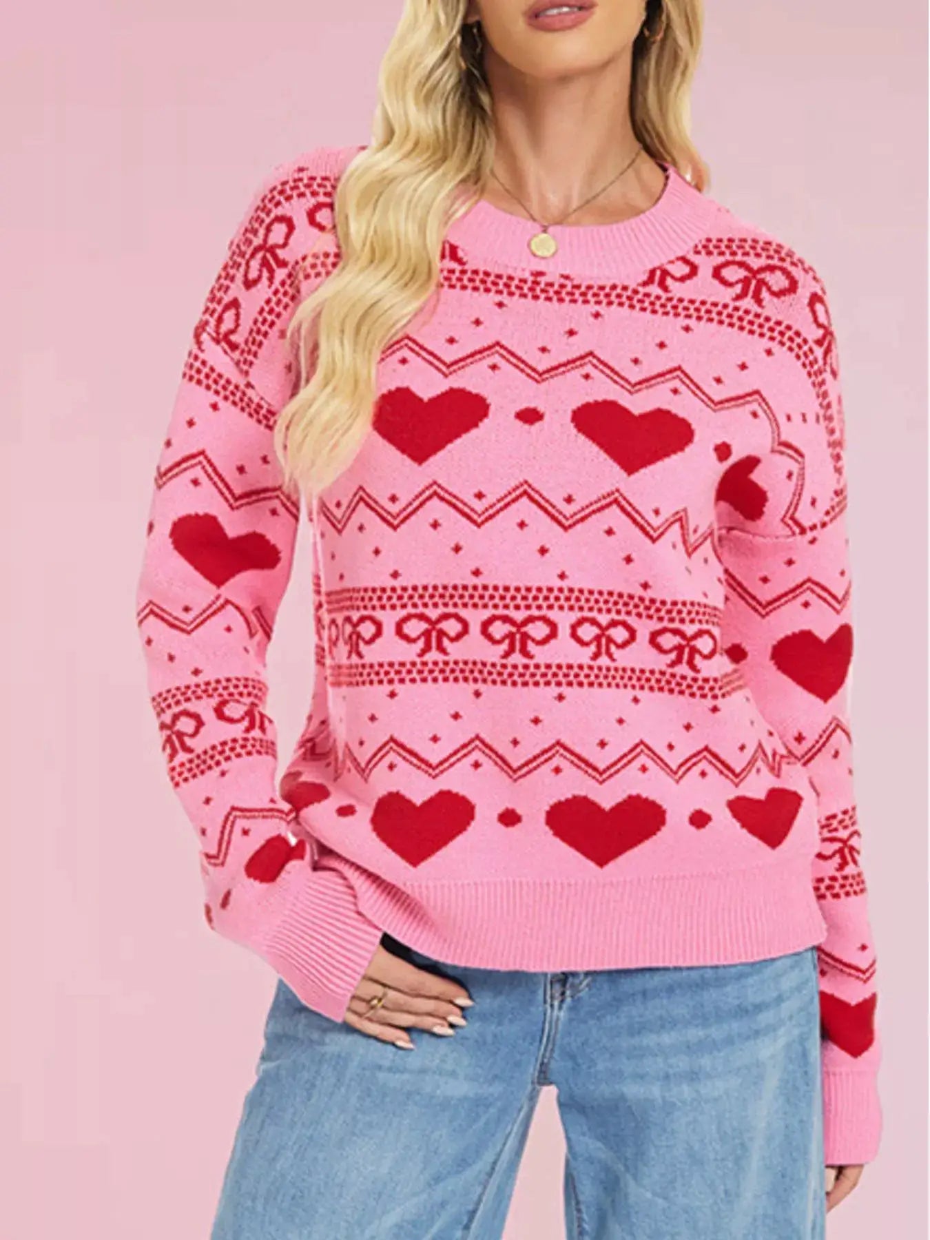 Heart Pattern Dropped Shoulder Sweater by Trendsi