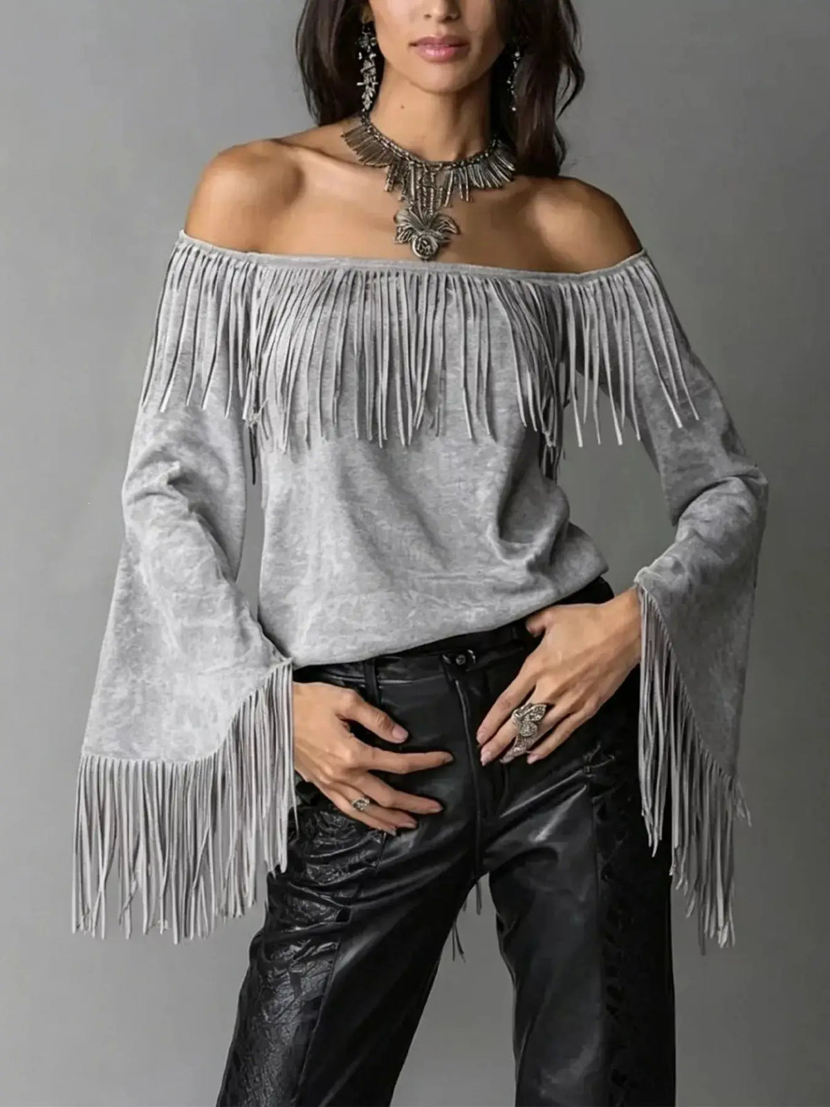 Full Size Fringed Off-Shoulder Flare Sleeve Top Plus Size by Trendsi