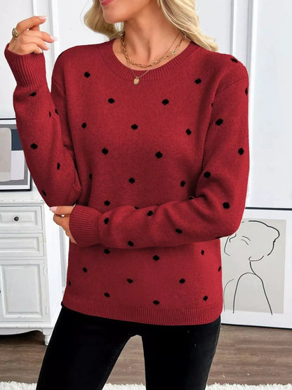 Polka Dot Crew Neck Sweater by Trendsi