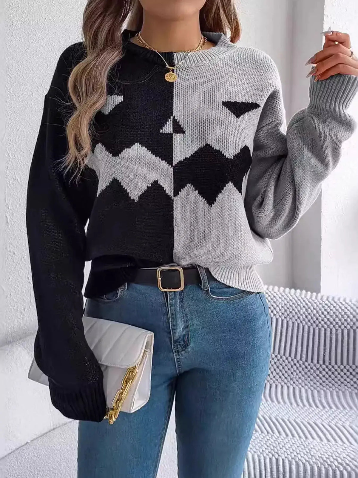 Pumpkin Face Graphic Two Tone Sweater by Trendsi