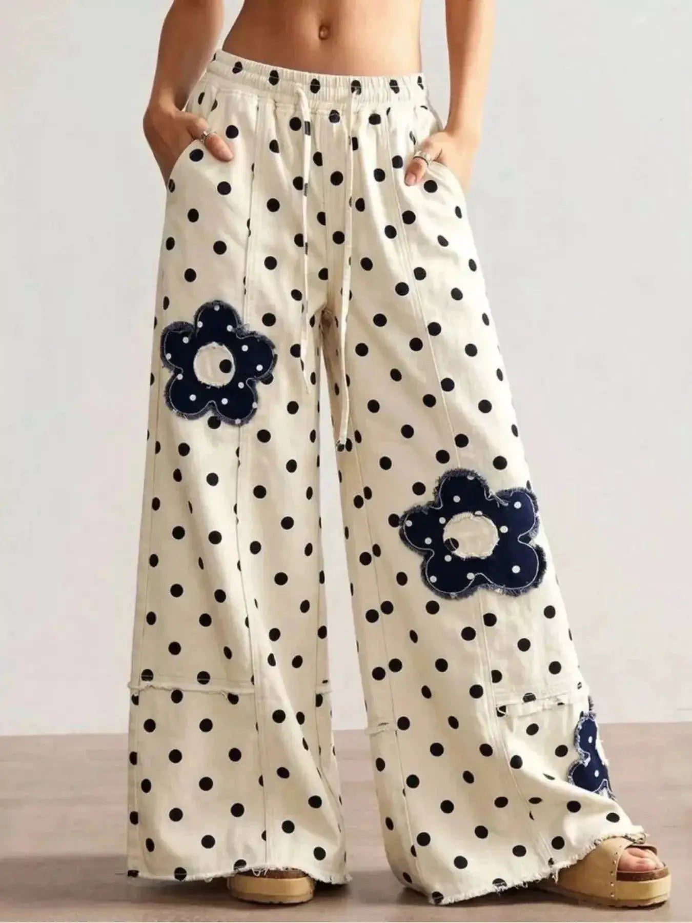 Floral Applique Polka Dot Wide-Leg Jeans by Trendsi
