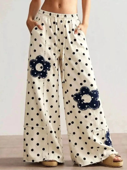Floral Applique Polka Dot Wide-Leg Jeans by Trendsi