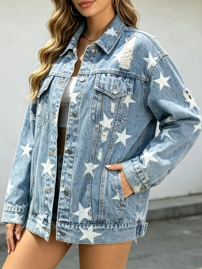 Star Print Distressed Oversized Denim Jacket by Trendsi