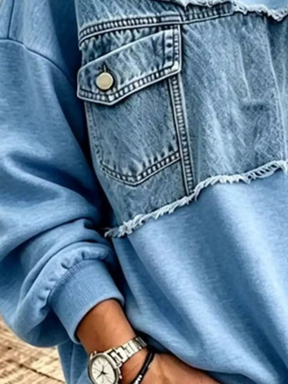 Full Size Denim Patchwork Dropped Shoulder Sweatshirt Plus Size by Trendsi