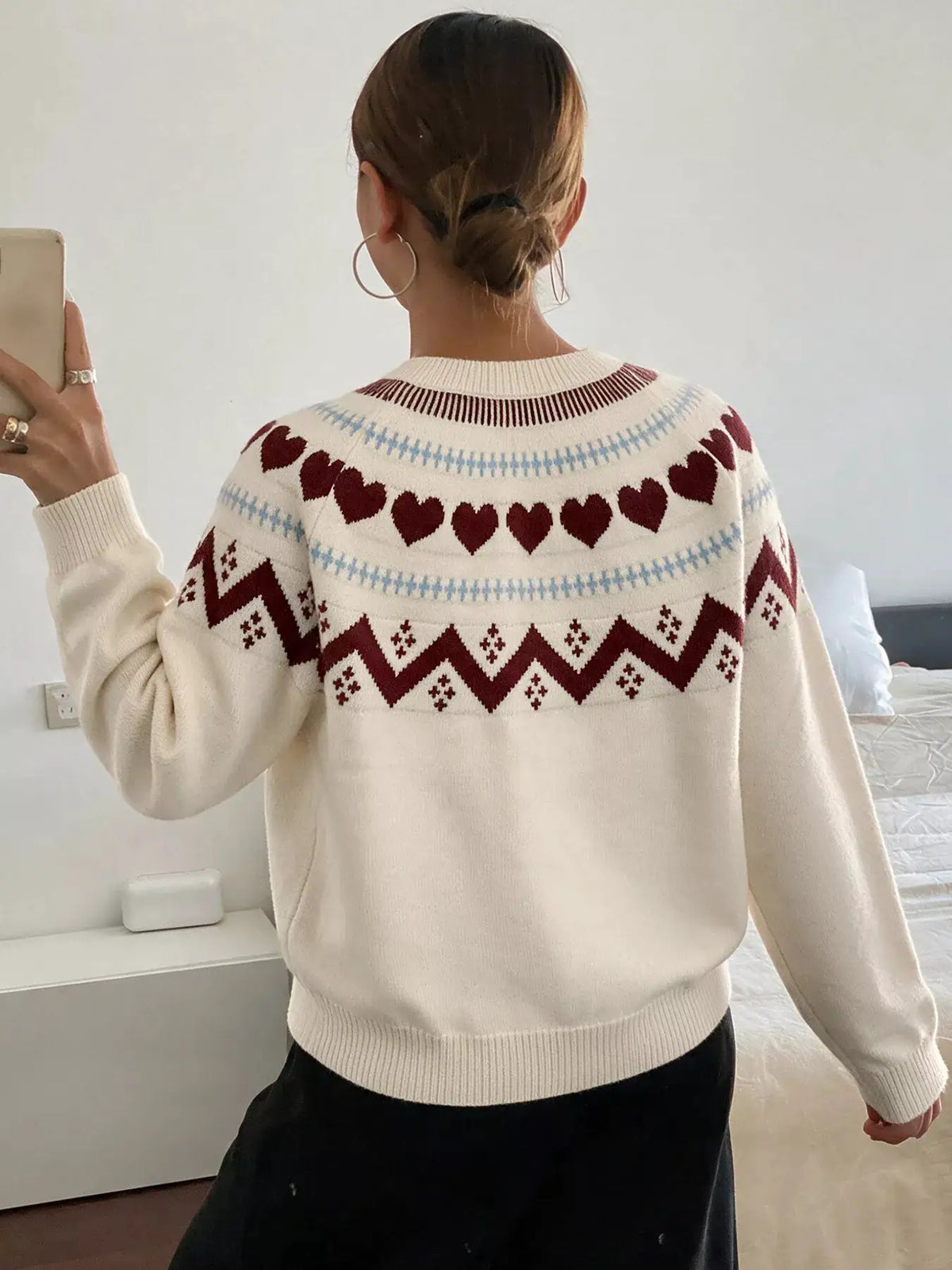 Heart-Patterned Crew Neck Sweater by Trendsi
