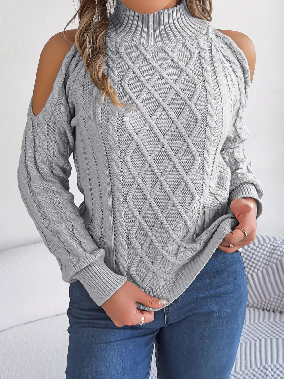Cold-Shoulder Cable Knit Sweater by Trendsi