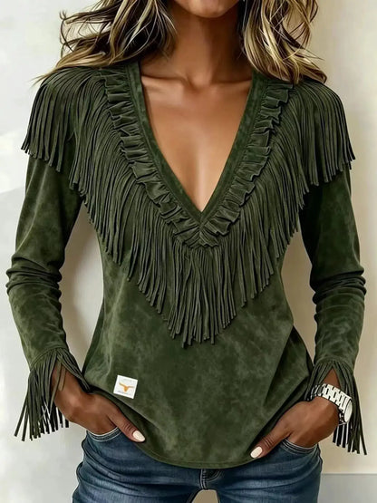 Fringed V-Neck Blouse by Trendsi
