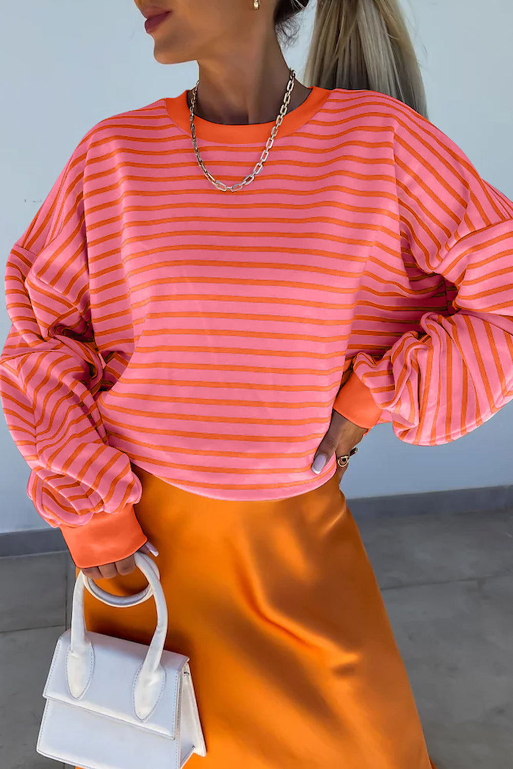 Orange Stripe Drop Shoulder Crew Neck Loose Sweatshirt