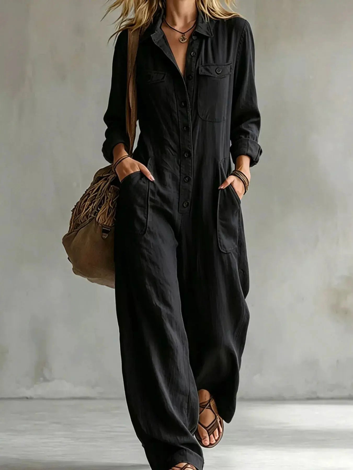 Full Size Long Sleeve Button Front Jumpsuit Plus Size by Trendsi