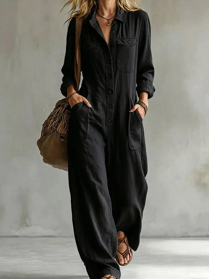 Full Size Long Sleeve Button Front Jumpsuit Plus Size by Trendsi