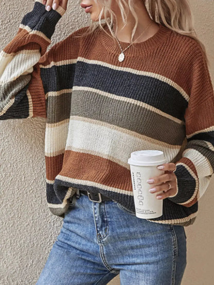 Color Block Striped Crew Neck Sweater by Trendsi