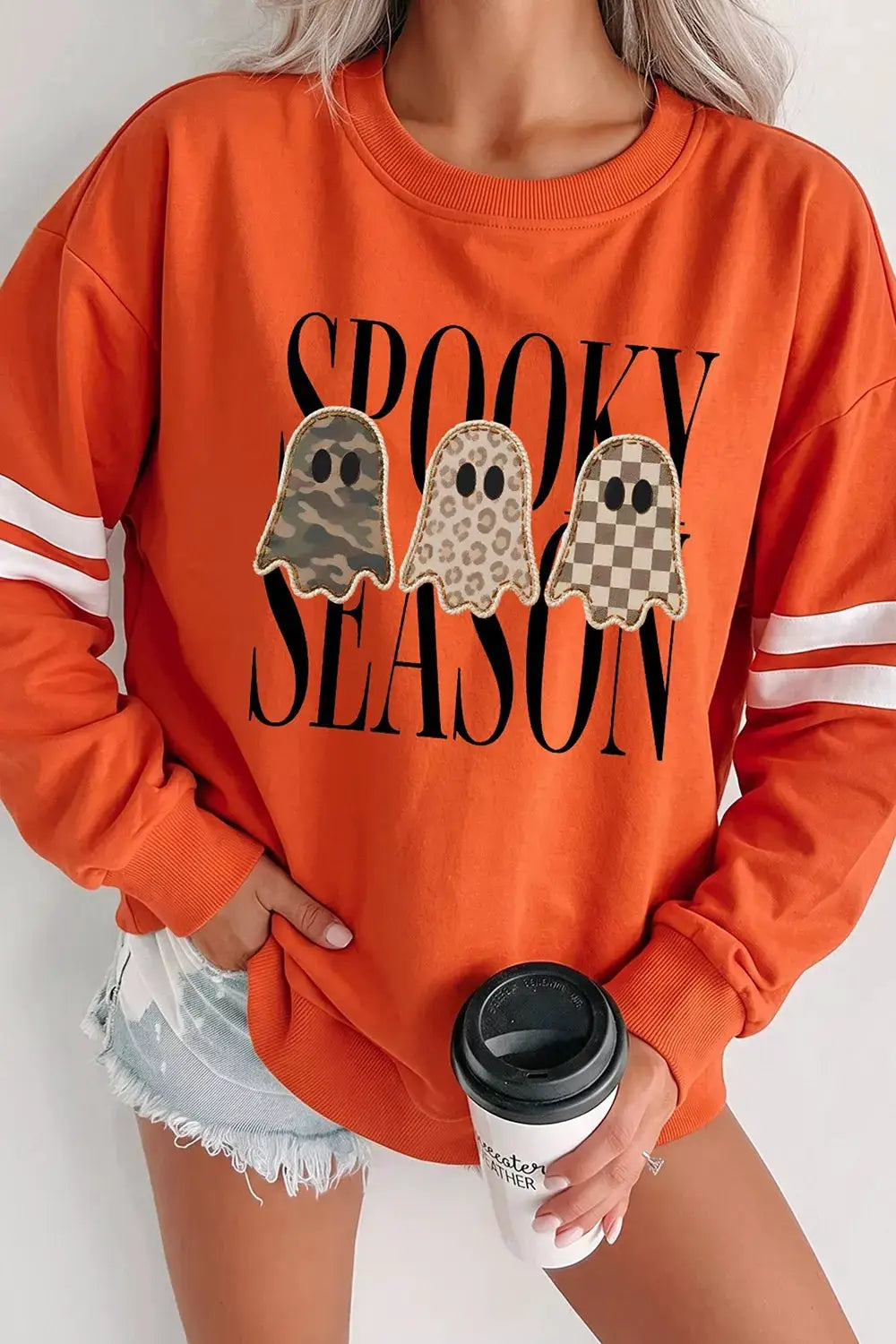 Spooky Season Ghost Graphic Varsity Striped Sleeve Halloween Pullover Sweatshirt by Trendsi