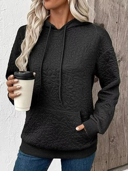 Textured Floral Embossed Drawstring Hoodie by Trendsi