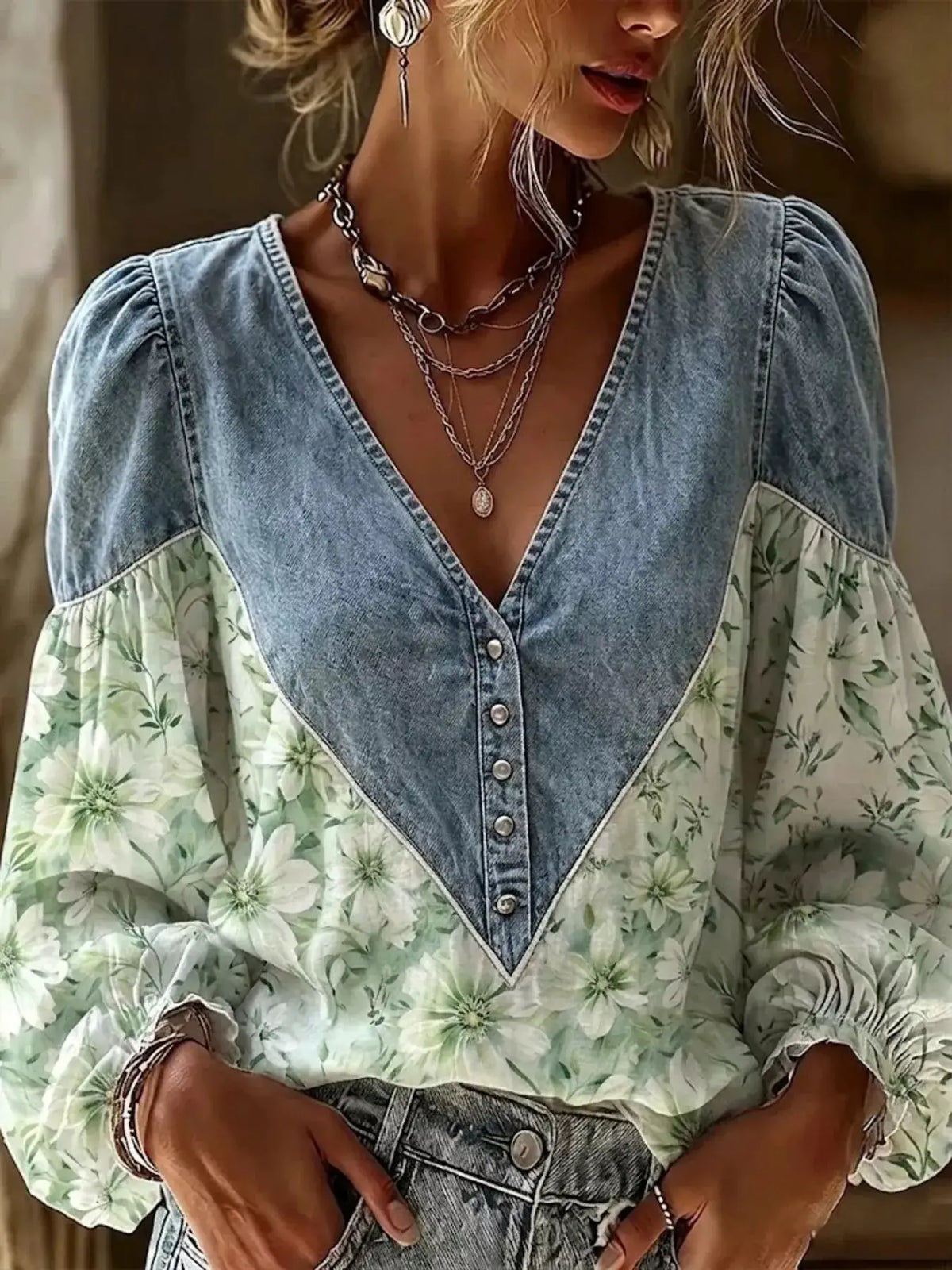 Full Size Denim Patchwork Floral Denim Top Plus Size by Trendsi