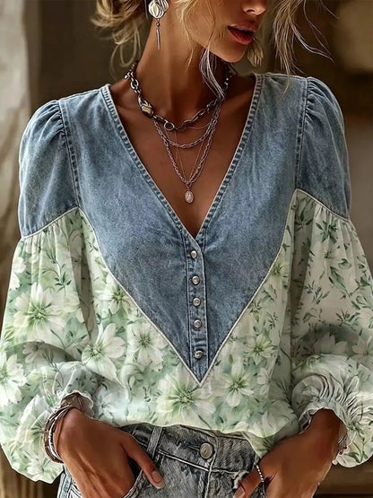 Full Size Denim Patchwork Floral Denim Top Plus Size by Trendsi