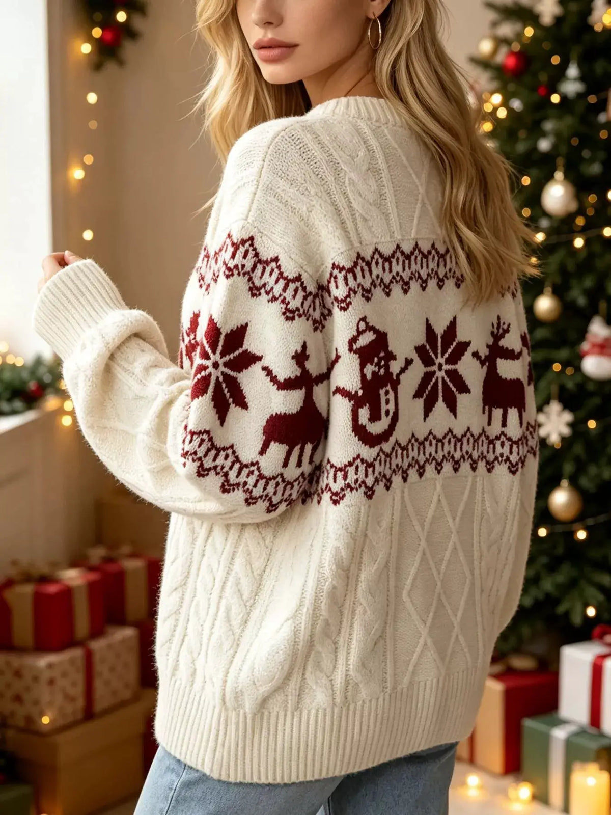 Christmas Snowman Pattern Cable Knit Sweater by Trendsi