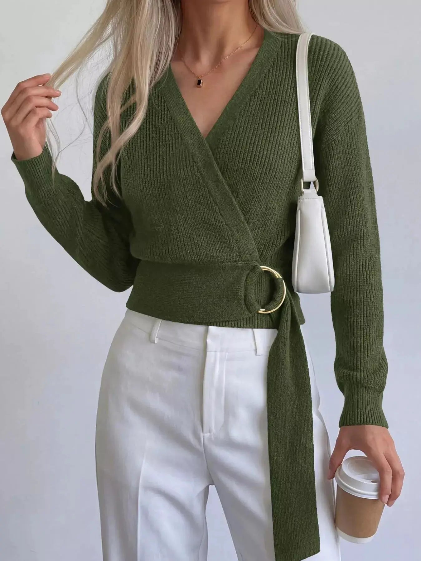 Metal Ring Detail Dropped Shoulder Sweater by Trendsi