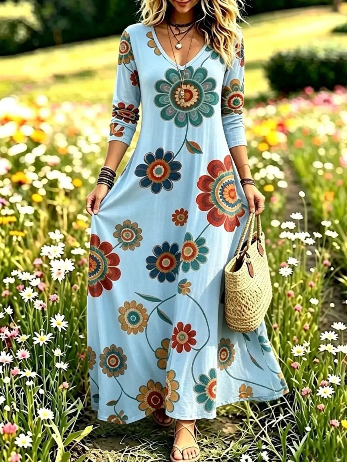 Floral Print V-Neck Long Sleeve Maxi Dress by Trendsi