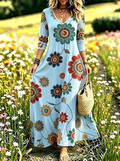 Floral Print V-Neck Long Sleeve Maxi Dress by Trendsi