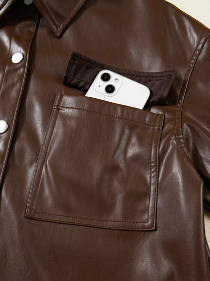 Double Flap Pocket Drawstring Hem Leather Jacket by Trendsi