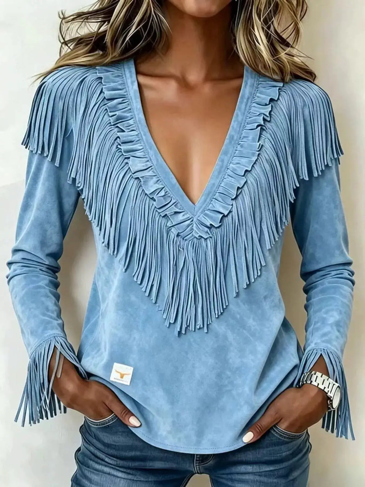 Fringed V-Neck Blouse by Trendsi